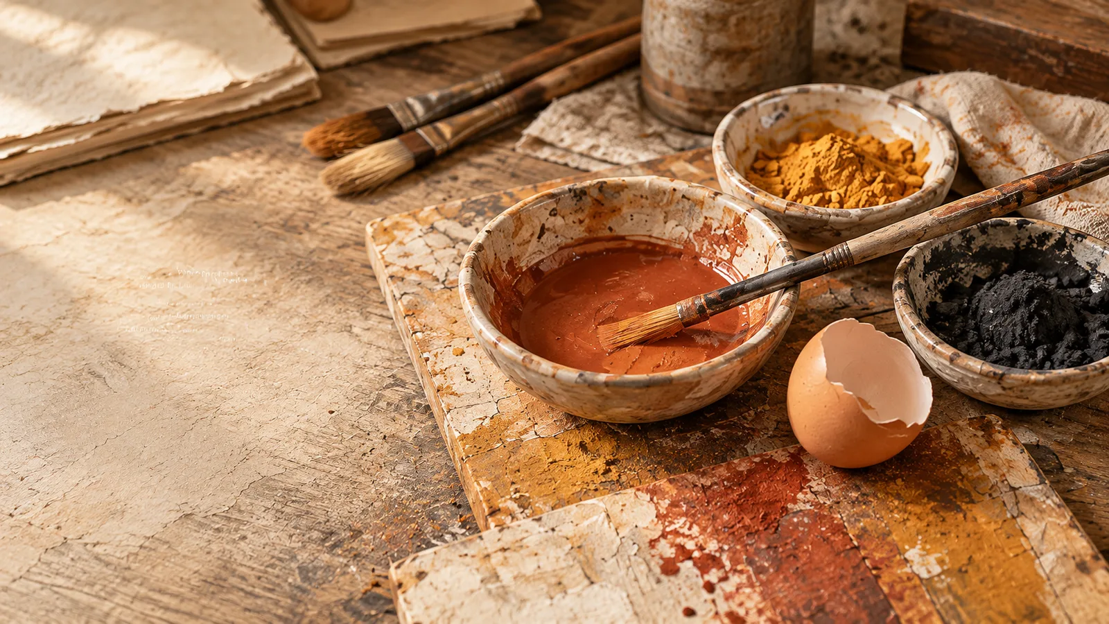 Pigments naturels, tempera à l’œuf et pinceaux dans un atelier